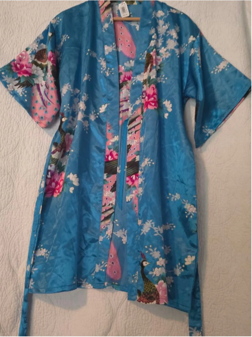 Teal Blue & Pink Satin Floral Peacock Kimono Robe Large Regency Special Occasion